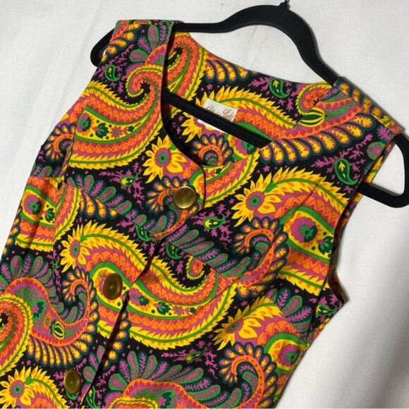 Vintage 60/70s Leisure Lady Bold Colourful Paisley Sleeveless Button Front Top S - Picture 8 of 12
